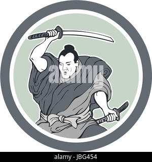 Illustrazione di un samurai warrior dimaneggio spada katana in atteggiamento forte visto dal lato anteriore fatto in stile retrò impostato all'interno del cerchio su sfondo isolato. Foto Stock