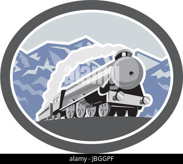 Illustrazione di un treno a vapore locomotiva viaggia con le montagne sullo sfondo visto dalla serie anteriore all'interno di forma ovale fatto in stile retrò. Foto Stock