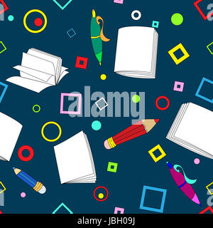 Note scuola seamless pattern su sfondo blu scuro. Strumenti per il disegno. Cartoon colore di sfondo. Foto Stock