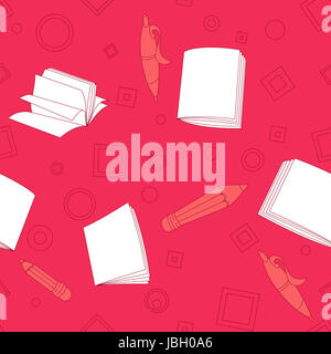 Note scuola seamless pattern su sfondo rosa. Strumenti per il disegno. Cartoon colore di sfondo. Foto Stock