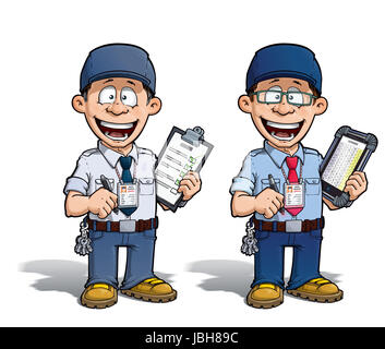 Cartoon illustrazione di un felice supervisore il riempimento di una lista di controllo. Due versioni: 1) con una penna su un tradizionale pad e 2) su un tablet più hip con gli occhiali. Foto Stock