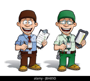 Cartoon illustrazione di un felice supervisore il riempimento di una lista di controllo. Due versioni: 1) con una penna su un tradizionale pad e 2) su un tablet più hip con gli occhiali. Foto Stock