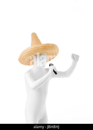 Messicano senza volto vestito in abito bianco con sombrero sulla testa di cantare al microfono Foto Stock