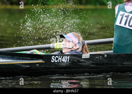 Durham, Regno Unito. 11 Giugno, 2017. Cox sulle donne del 4 equipaggio grida di incoraggiamento per il suo equipaggio. Credito: Tim Withnall/Alamy Live News Foto Stock