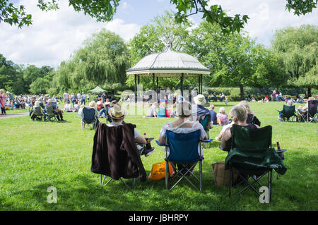 Godalming, Regno Unito. 11 giugno 2017. La banda di venti cinque miglia a giocare alla folla godendo il sole presso la musica nel Parco evento in Godalming. Jason legno/Alamy Live News Foto Stock