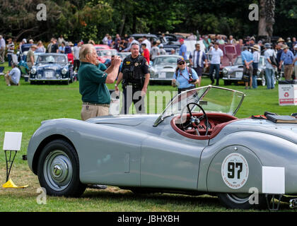 Los Angeles, Stati Uniti d'America. 11 Giugno, 2017. I visitatori guardano classic cars durante il San Marino Motor Classic show a San Marino, California, Stati Uniti, il 11 giugno 2017. Credito: Zhao Hanrong/Xinhua/Alamy Live News Foto Stock