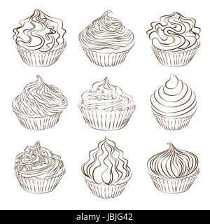 Set di disegnato a mano schizzo cupcake isolato su bianco. Foto Stock