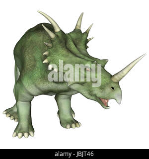 3D render digitale di un aggressivo dinosauro Styracosaurus o lucertola spiked, un genere di erbivori dinosauro ceratopsian dal Cretaceo (stadio campano) isolato su sfondo bianco Foto Stock