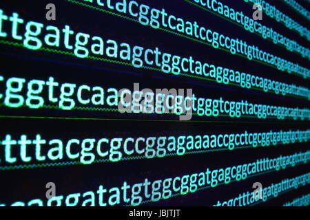 Il sequenziamento del genoma in laboratorio. Sequenza dei geni in simboli di basi nucleotidiche. Foto Stock