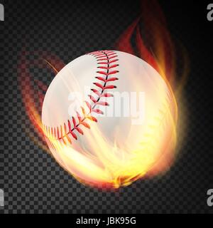 Flaming realistica palla da baseball sul fuoco volare attraverso l'aria. Sfera di masterizzazione Illustrazione Vettoriale