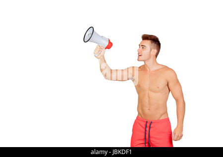Uomo muscolare con megafono isolato su uno sfondo bianco Foto Stock
