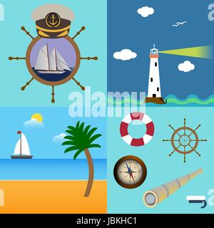 Quattro set di mare con la descrizione del faro, barca sulla spiaggia con palm e nuvole, capitano hat sulla ruota con la barca e il mare Imposta icona illustrazione vettoriale Illustrazione Vettoriale