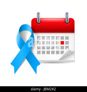 Blue Ribbon di sensibilizzazione e calendario con segnato il giorno. Il cancro del colon, gli abusi sui minori, Stevens - Johnson simbolo della sindrome Foto Stock