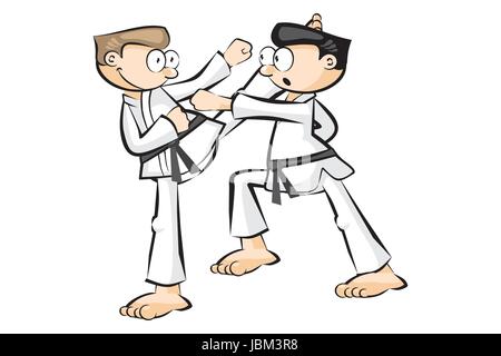 Gli uomini a praticare il karate isolati su sfondo bianco. Concettuale illustrazione vettoriale circa le arti marziali, Illustrazione Vettoriale