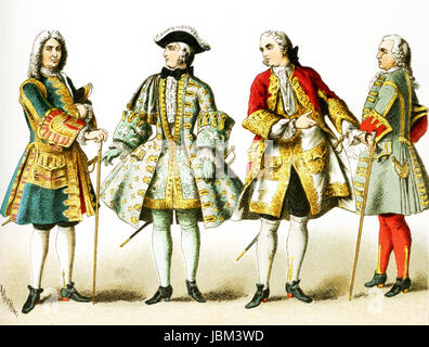Le figure qui rappresentate sono il popolo francese dal 1700 al 1750 D.C. Essi sono, da sinistra a destra: quattro uomini francesi di rango. L'illustrazione risale al 1882. Foto Stock