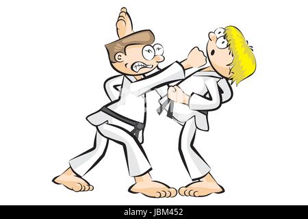 Gli uomini a praticare il karate isolati su sfondo bianco. Concettuale illustrazione vettoriale circa le arti marziali. Illustrazione Vettoriale