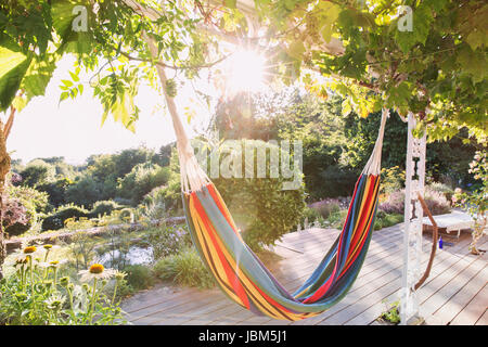 Multicolor amaca appesa da alberi nel tranquillo giardino estivo soleggiato Foto Stock