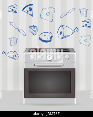 Grigio a forno in cucina con lo schizzo di cibo intorno a. Illustrazione isolato. Foto Stock