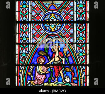Maria Maddalena errori il Cristo Risorto per il giardiniere, Feltwell chiesa, vetro macchiato da Didron di Parigi, 1860, risurrezione finestra Foto Stock