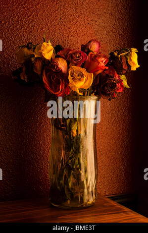 Rose multicolori avvizzimento in vaso di vetro con finestra calda luce della finestra Foto Stock