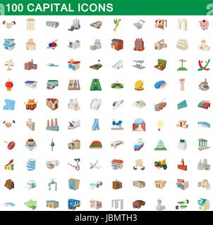 Capitale 100 set di icone, stile cartoon Illustrazione Vettoriale