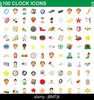 100 clock set di icone, stile cartoon Illustrazione Vettoriale