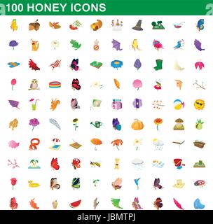 100 miele set di icone, stile cartoon Illustrazione Vettoriale