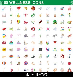 100 wellness set di icone, stile cartoon Illustrazione Vettoriale