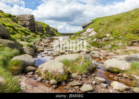 Un quasi a secco fiume Kinder durante l estate al Kinder Gates su Kinder Scout, Parco Nazionale di Peak District, Derbyshire, England, Regno Unito Foto Stock