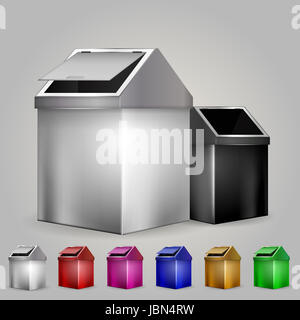 Set di colori bidoni metallici con coperchio. Isolato illustrazioni vettoriali su bianco. Foto Stock