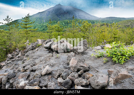Arimura osservatorio di lava, Sakurajima, Kagoshima, Kyushu, Giappone Foto Stock