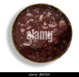 Aprire un barattolo di latta pieno con salsiccia di sangue nel retro bianco con ombra visto da sopra Foto Stock