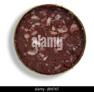 Aprire un barattolo di latta pieno con salsiccia di sangue nel retro bianco con ombra visto da sopra Foto Stock