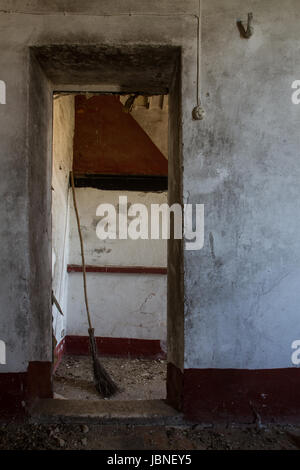 Giornata di pulizia, un singolo casalingo italiano ginestra si appoggia contro una parete in questa casa abbandonata. Il dipinto, cappuccio rosso del camino di pietra in cucina Foto Stock