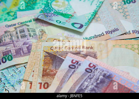 Qatar carta moneta, riyal, primo piano Foto Stock