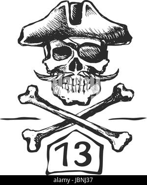 Il teschio pirata con un baffi schizzo Illustrazione Vettoriale