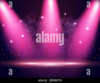 Illuminazione del palcoscenico, podio, faretti. Coriandoli è volare. Sfondo viola. illustrazione Illustrazione Vettoriale