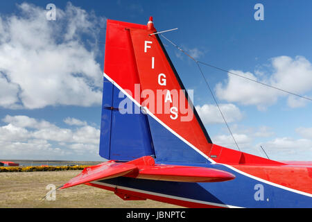 Isole Falkland Governo Air Service (FIGAS) Britten-Norman Islander aeromobile che mostra il dettaglio della coda di aiircraft, oca Verde, Isole Falkland Foto Stock