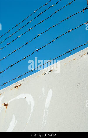 Filo spinato su una porta di metallo Foto Stock