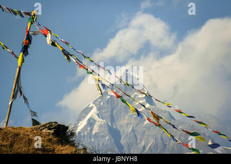 Meditativo paesaggio himalayano con coda di pesce picco noto anche come il Monte Machhapuchhre in Himalaya con la preghiera tibetano bandiere svolazzanti nel vento Foto Stock