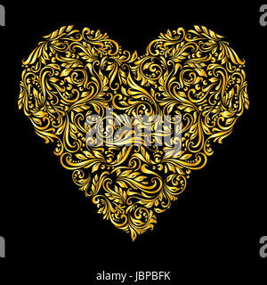 Cuore decorativo di riccamente ornamento d'Oro su nero Foto Stock