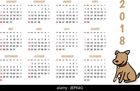 2018 cane anno nuovo calendario del vettore con graziosi doodle stile cartoon,l'evento di festa planner,settimana inizia Domenica. Illustrazione Vettoriale