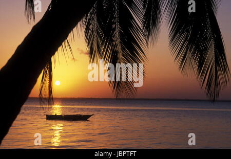 Ein Traumstrand bei Sonnenuntergang bei Bwejuu an der Ostkuester der Insel Zanzibar oestlich von Tanzania im Indischen Ozean. Foto Stock