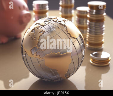 Pianeta Terra reso ​​of oro e argento su una concezione del mondo del business. Foto Stock