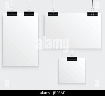 Modello di poster di un foglio di carta. Raccolta della carta vuoti frame mockup appeso con clip di carta. Isolato su sfondo bianco. Illustrazione Vettoriale. Illustrazione Vettoriale
