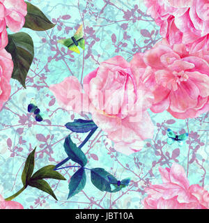 Seamless teal pattern con acquerello Rose e farfalle Foto Stock