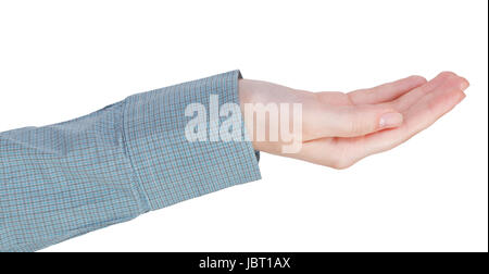 A tazza mano palm gesto isolato su sfondo bianco Foto Stock