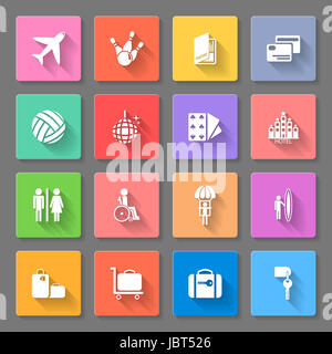 Set di icone piatta per il trasporto, i viaggi e il tempo libero Foto Stock