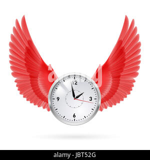 Orologio e ali di colore rosso. Tempo. Fly. Ore. Foto Stock