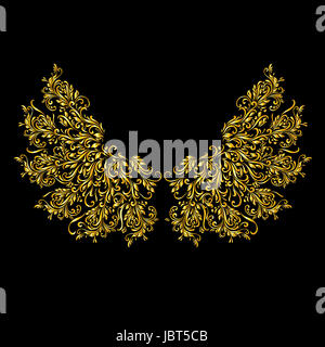 Floral pattern oro di vitigni a forma di ali su uno sfondo nero Foto Stock